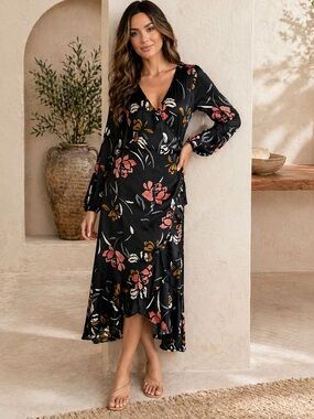 Saltwater Luxe Black Floral Wrap Dress Long Sleeve Midi NWT Size Small Boho
